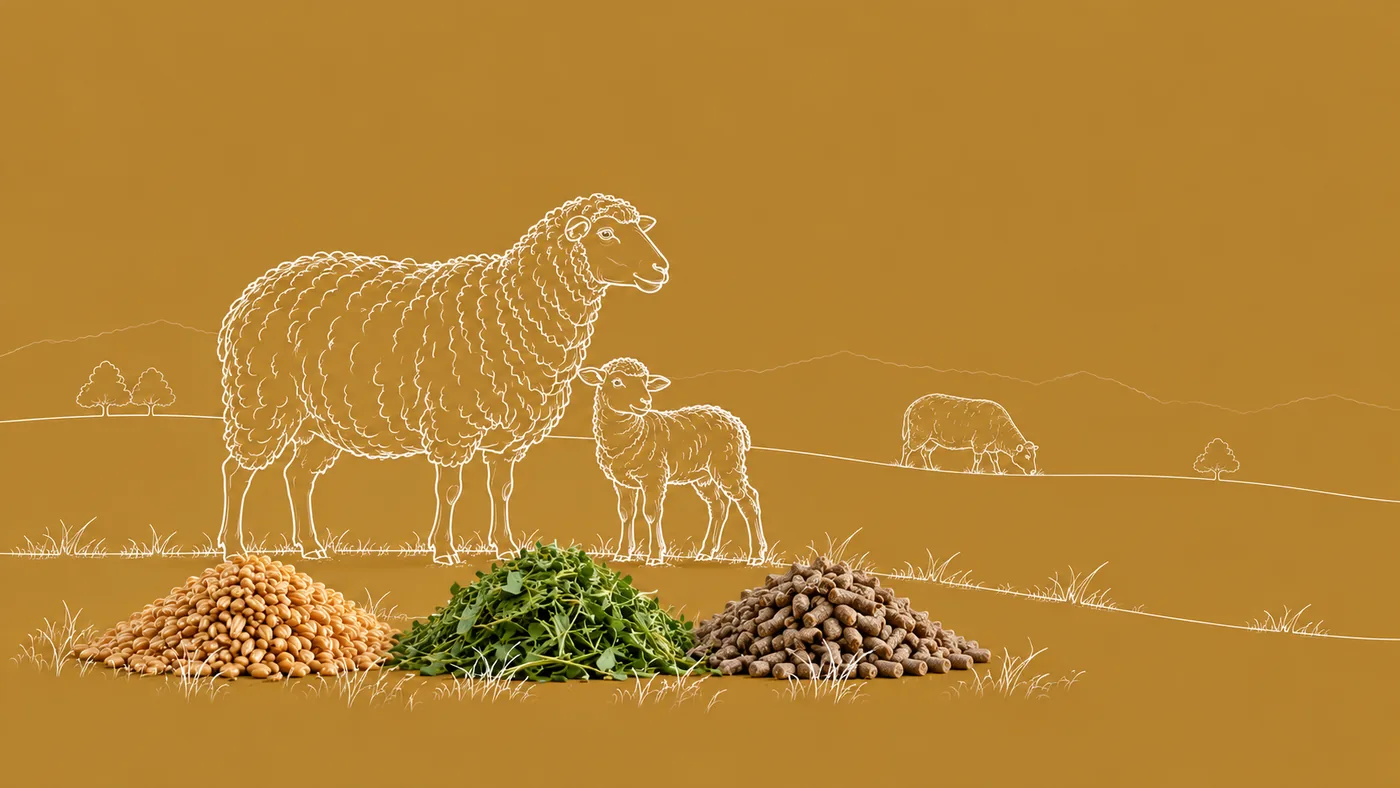 چراگاه خطی با گوسفند و بره طراحی‌شده و سه توده واقعی خوراک روی زمینه طلایی